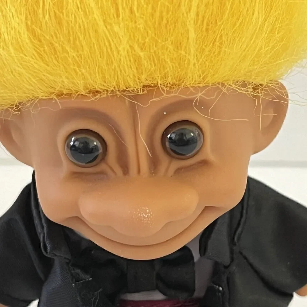 Vintage Russ Troll Doll Groom Yellow Hair Glass Brown Eyes Black Tuxedo Burdundy